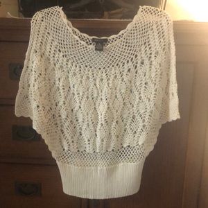 BCBG knit beige poncho sweater top scallops stretchy waistband